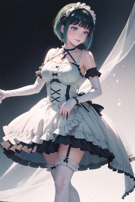 white background, <lora:CHAR-OnoShiragiku:1>, OnoShiragiku, bob cut, <lora:wrenchlogown:1>, wrenchlogown, green dress, embroidery, jewelery, gown, frills, elbow gloves, high heels, thighhighs, 1girl, light smile, looking to left, white gloves, white thighhighs,