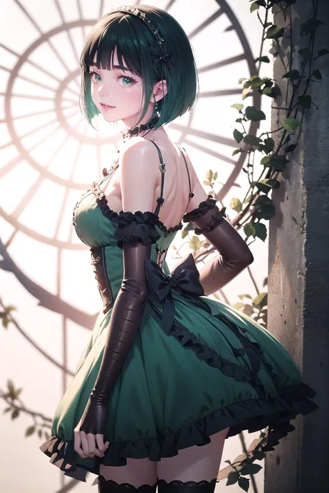 white background, <lora:CHAR-OnoShiragiku:1>, OnoShiragiku, bob cut, <lora:wrenchlogown:1>, wrenchlogown, green dress, embroidery, jewelery, gown, frills, elbow gloves, high heels, thighhighs, 1girl, light smile, looking to left,