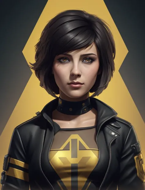 Indie game art,(closeup, a woman, shorthair, gold and black, cyberpunk  <lora:Nata Varley:0.7>), (Vector Art, Borderlands style,...