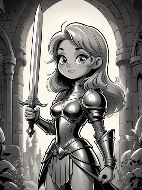 a cartoon drawing of a woman in armor holding a sword