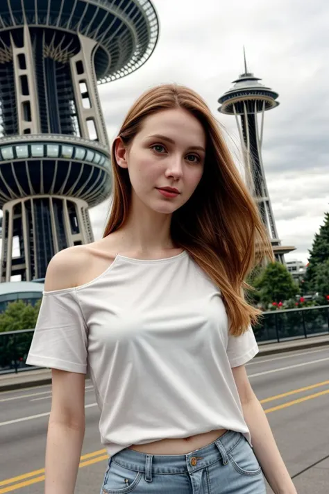 arafed woman in white top and jeans standing on street with space needle in background