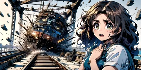 anime girl with a backpack looking at a train on a track