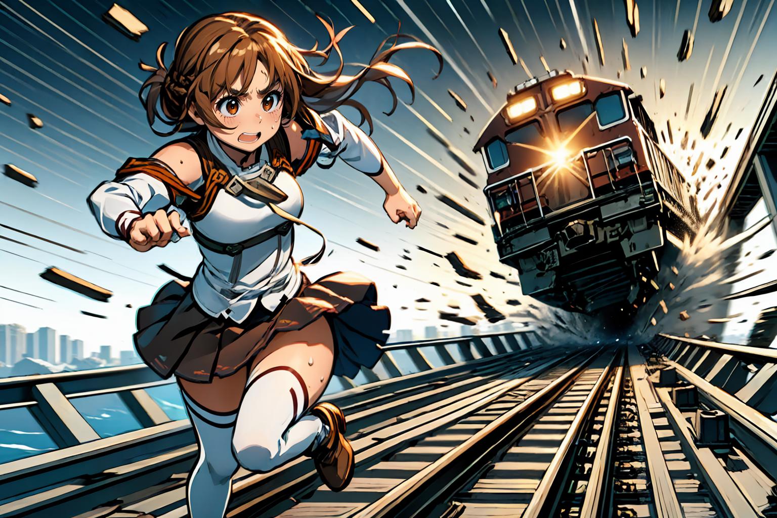 Anime girl running on train tracks with a train in the background - SeaArt  AI