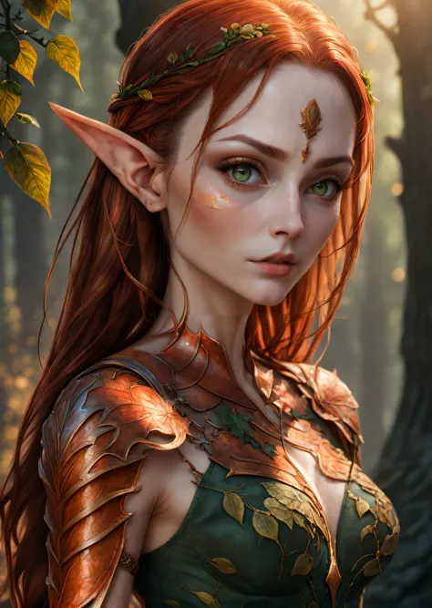 highly detailed, 4k, wood elf ranger, (female:1.5), graceful and lithe (athletic build:1.5), emerald eyes (vibrant:1.5), auburn ...