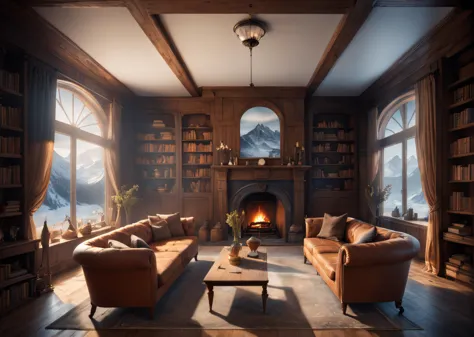 photograph by max rive, a striking living room interior, sofa furniture, a living room table, bookshelves, shelving, a fireplace...