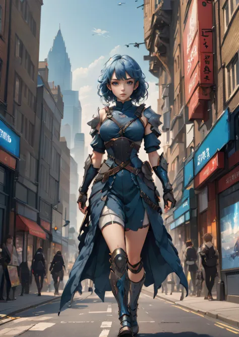 anime style, masterpiece, best quality, mid shot, front view, concept art, 1girl, warrior outfit, pretty, medium blue wavy hair,...