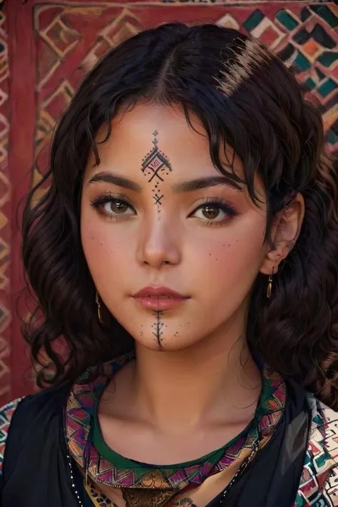 1girl, (traditional chin tattoo, Ushamxl:1.2),  <lora:UshamXL:1.2>, black hair, brown eyes, colored skin, curly hair, eyeshadow, lips, lipstick, looking at viewer, makeup, moroccan pattern background,