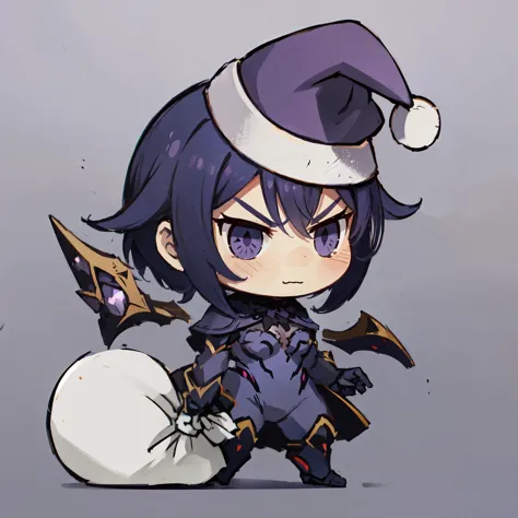 kai'sa, void wings,(purple tight suit:1.4),(closed mouth:1.4),(serious expression:1.2),padoru meme, holding sack,chibi,:d,santa hat