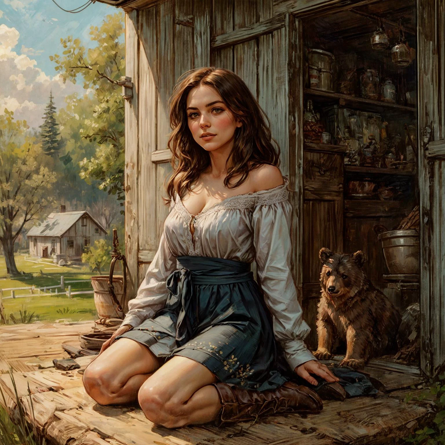 Amidst the serene backdrop of the American South, envision a resolute Southern homesteader [leaning] against. She possesses a [tall] and [slim] stature, characterized by a [youthful and beautiful figure] with [delicate curves], [narrow waist], [graceful hips], and [smooth, unblemished skin]. Her [youthful, perky breasts] and [slim, toned physique] accentuate her [elegant form] and [sleek legs].
Her face with delicate downturned lips and gentle warm smile, face framed by [hair], radiates a captivating beauty. Her detailed hi-res [brown] upturned eyes with warm gaze and [black eyeliner]. Her [rich chestnut hair] falls in [tousled waves], adding to her youthful charm.
She wears a simple yet sturdy summer airy translucent [homespun dress] clinging tightly to her body with cleavage and naked shoulders, faded from countless hours of labor, yet it cannot conceal her [youthful allure] and dusty boots bear witness to her tireless toil on the land.
Around her, the homestead tells its own story, with a [weathered farmhouse] that has sheltered generations and [rolling fields] that have provided sustenance for her family. The air is filled with the scent of [sun-baked earth], and the songs of birds in the trees remind her of the peaceful world outside.
In this idyllic era, she embodies the strength and determination of those who nurtured the land, a testament to the enduring spirit of the South.
This is a glimpse into the life of a Southern homesteader during a time of peace in the American South, where the bonds of family and the land run deep.  