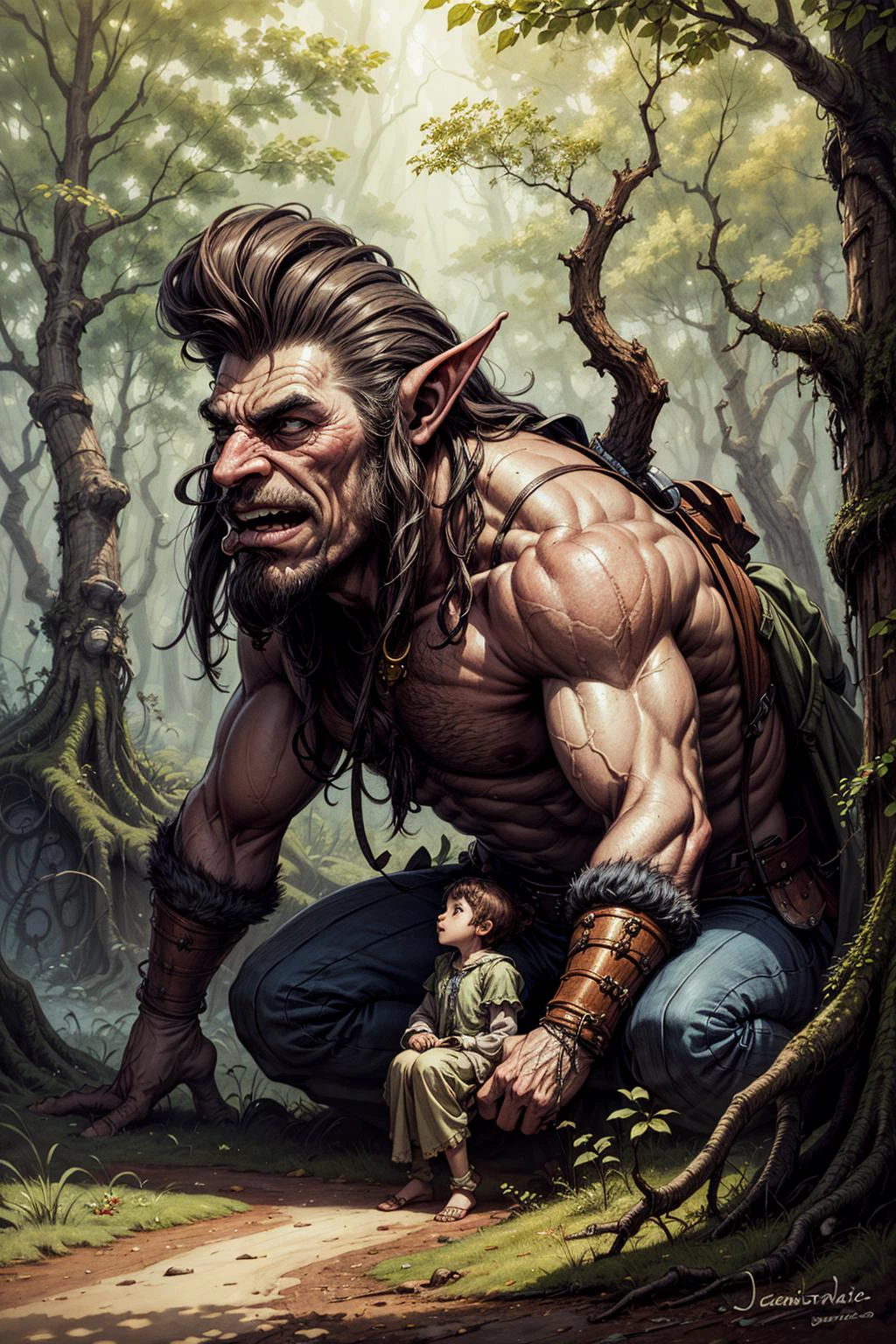 1 troll,   Cabeça grande, nariz grande, fantasia, floresta 
 (pintura digital de Jean-Baptiste Monge)
 