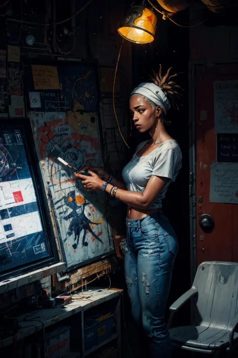 1 woman,  space station
dark room,   dim light
(digital painting Jean-Michel Basquiat)
 <lora:add_detail:1> <lora:epiNoiseoffset...