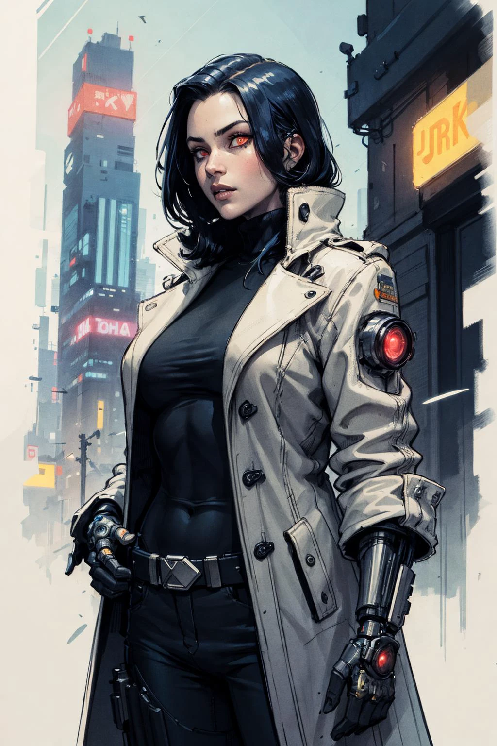 1 cyborg, Mädchen,   glühende Augen,  Mantel,  Rollkragen,  Allein,  cyberpunk, 
 (Farbtintenskizze von John Berkey	   )