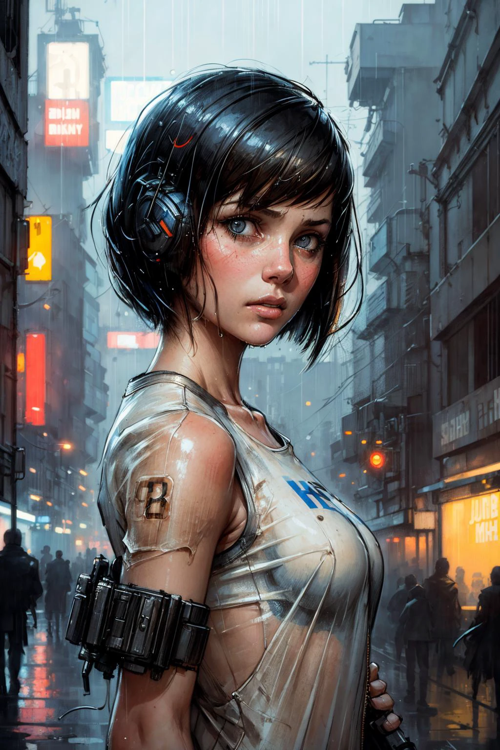 Filmisches Nahaufnahmeporträt von 1 Mädchen, Bob-Frisur, (traurig, schau weg), Allein, regnet,    Neonlicht, 
Realistisch, photoRealistisch 
(von Andre Kohn John Berkey) cyberpunk	
  