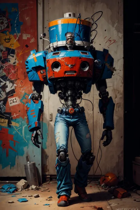 1 个机器人, 机甲,  独自暗室,   昏暗的灯光
(数字绘画 Jean-Michel Basquiat)
 