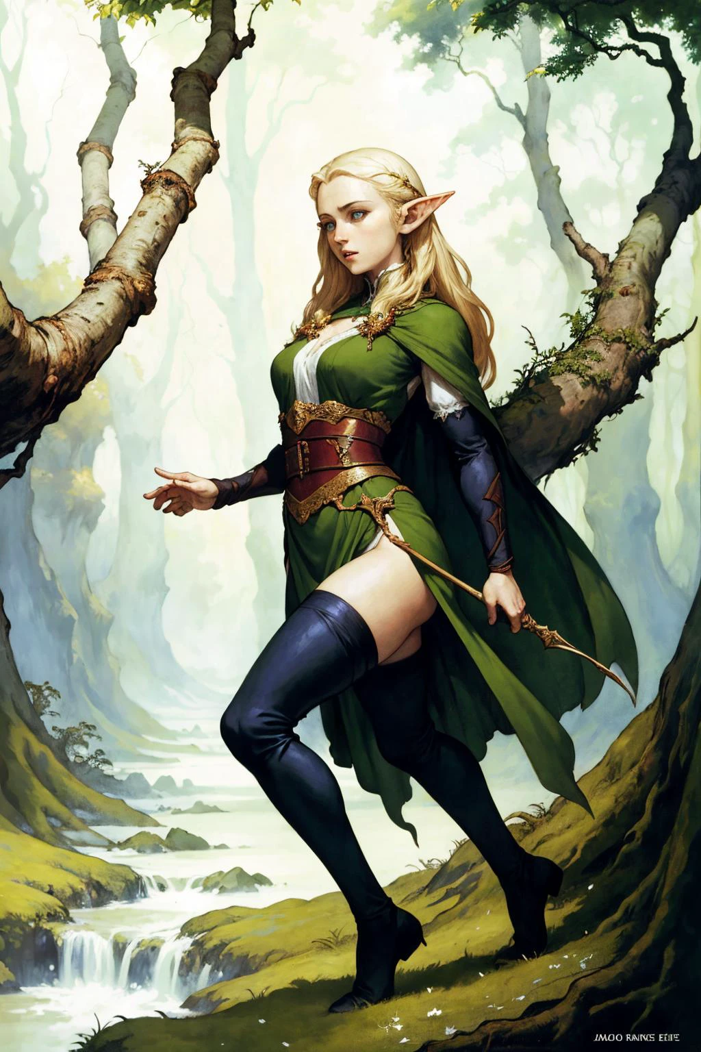 1 mulher, elfo no senhor do anel,  floresta, pose dinâmica, 
   (    por Alan Lee) espaço negativo de alto contraste
(melhor qualidade, obra de arte),