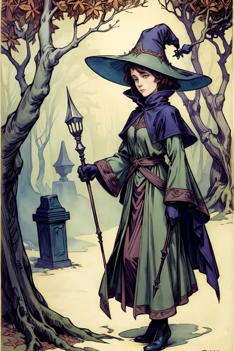 1 female  hat, coat,  staff   forest , fairy tale,  ghost, graves , swarm
(  Edmund Dulac) (muted color)
high contrast, flat color,  negative space
(masterpiece, best quality, beautiful and aesthetic:1.2)    