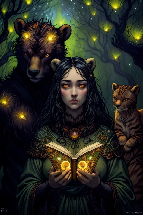 1 woman , druid , glowing eyes, deers, cats, bears 
dramatic  lighting, fireflies 
 Andy Kehoe , William Morris
 (masterpiece)  (best quality)    (dramatic lighting )     