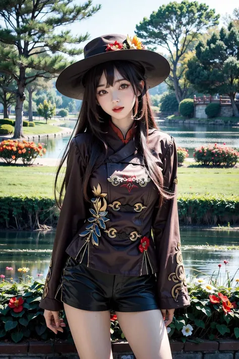 <lora:Hutao:1:DEFACE>, hu_tao, cowboy shot, beautiful girl, hat, hat flowers, brown long sleeves coat, black shorts, standing, l...