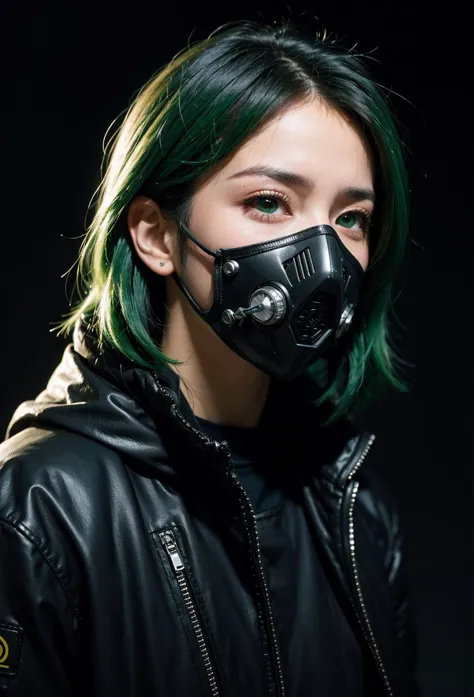 1 a guy looking at the with green parted hair, looking to the right green eyes, a mask on his mouth (cyberpunk style mask) black...