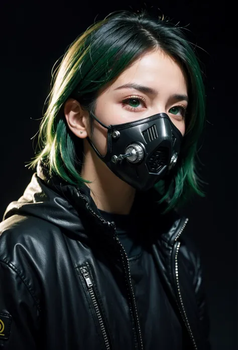 1 a guy looking at the with green parted hair, looking to the right green eyes, a mask on his mouth (cyberpunk style mask) black background high 4k,