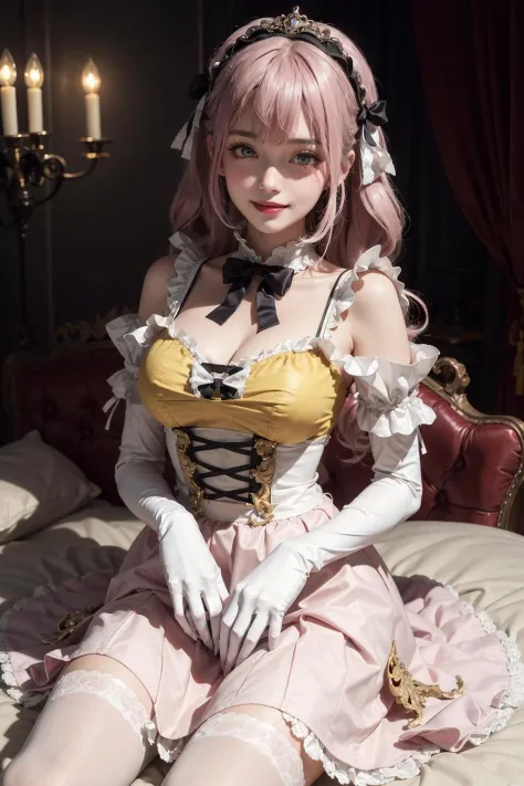 (1girl)wearing a skirt, best quality, looking at the audience,,colorful,light <lora:ARWSweetLolita:0.7>,sweetlolita at bedroomgothic gothic interior, yellow dress fabric,  heart shape on cheek, blush pink makeup, gloves, smile, pastel color, ornate,