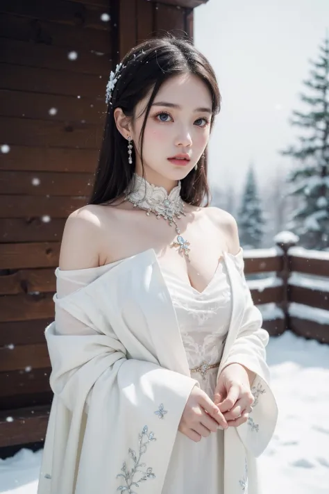 1girl,ice,(snowing),white(masterpiece, top quality, best quality, art, beautiful and aesthetic:1.2), (1girl), extreme detailed,(art:1.3),colorful,highest detailed,Real skin texture, real photo, real photography,Gorgeous clothing, exquisite accessories