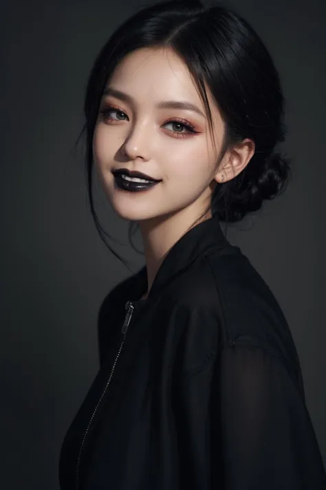 Best quality, masterpiece, ultra high res, photorealistic, raw photo, unity 8k wallpaper,<lora:punk_v0.2:0.8>,(black lips:1.3),(black eyeshadow:1.3),parted lips,,(evil smile:1.1)
