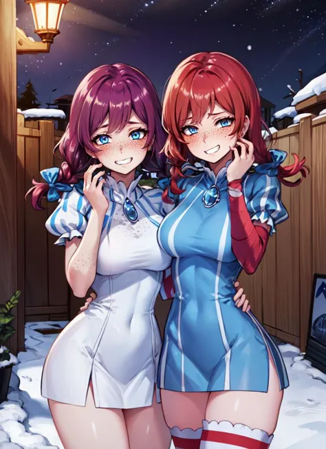 ((best quality)), ((highly detailed)), absurdres, (detailed eyes, deep eyes), <lora:more_details:.2>, (1girl), <lora:laughing_girls_meme_v1:.7>, girlsmeme, (2girls), grin, <lora:fastfood_wendys:1>, ffwendys, red hair, twin braids, hair bow, blue eyes, ((freckles)), body freckles, smiling, striped dress, striped sleeves, puffy sleeves, striped thighhighs, (outside, <lora:alley-wasabi:1>, alleyway, wood wall, lamp, evening, night sky, stars, multiple moons, snow storm)