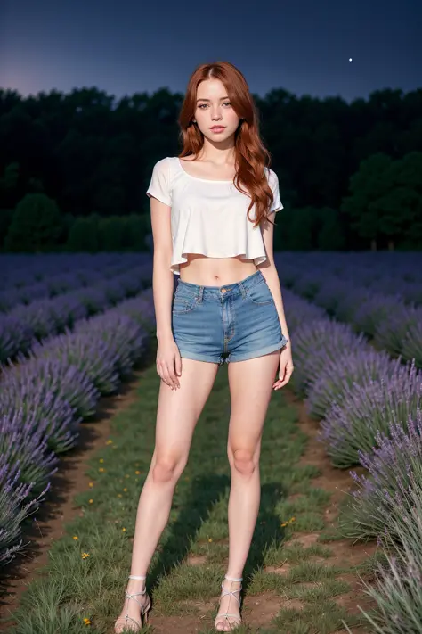 full body, portrait of cute redhead girl, standing on a lavender field,  motion, wispy hair, realism, high-quality rendering, stunning art, high quality, film grain, Fujifilm XT3, dreamy, acne, freckled, blemish, 85mm, nikkor, fuji provia, fuji portra, night, start, milky way, astrophotography, backlight, darkness, dark, underexposed, rimlight, <lora:epiNoiseoffset_v2:1.5>