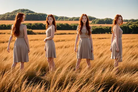 full body, portrait of cute redhead girl, standing on a wheat field, bloom, orange fog, motion, wispy hair, realism, high-quality rendering, stunning art, high quality, film grain, Fujifilm XT3, dreamy, acne, freckled, blemish