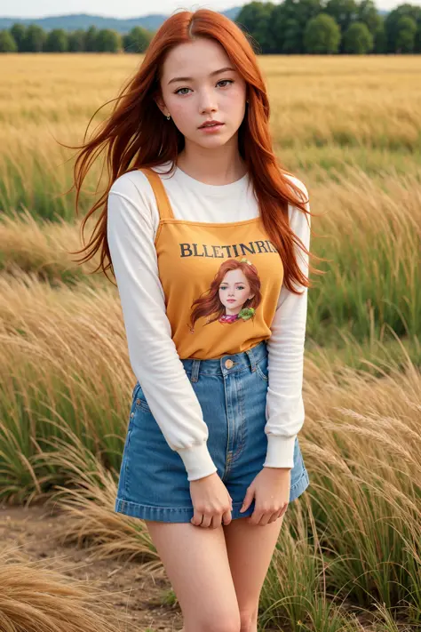 full body, portrait of cute redhead girl, standing on a wheat field, bloom, orange fog, motion, wispy hair, realism, high-quality rendering, stunning art, high quality, film grain, Fujifilm XT3, dreamy, acne, freckled, blemish, 85mm, nikkor, fuji provia, fuji portra