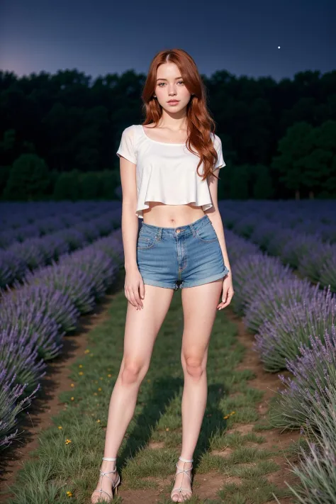 full body, portrait of cute redhead girl, standing on a lavender field,  motion, wispy hair, realism, high-quality rendering, stunning art, high quality, film grain, Fujifilm XT3, dreamy, acne, freckled, blemish, 85mm, nikkor, fuji provia, fuji portra, nig...