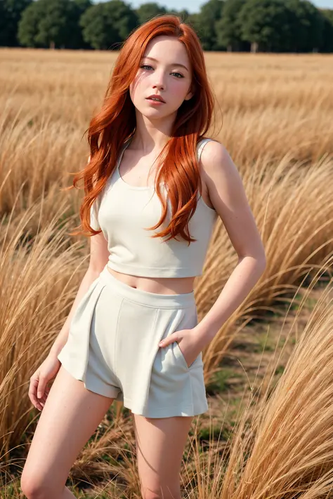 full body, portrait of cute redhead girl, standing on a wheat field, bloom, orange fog, motion, wispy hair, realism, high-qualit...