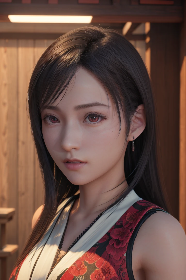 (photorealistic:1.4),best quality,realistic, masterpiece, an extremely delicate and beautiful, CG,extremely detailed ,highres, extremely detailed,
1girl, tifa_lockhart,beautiful detailed girl,full body, realistic,japanese clothes,
beautiful detailed red eyes, light on face, cinematic lighting,