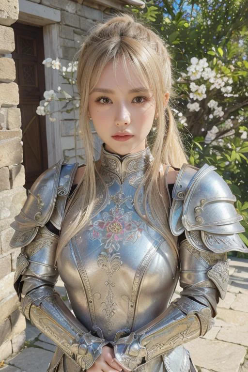 (8K, best quality:1.2), (masterpiece:1.37), (photo, photorealistic:1.37), (ultrahigh-res), half body, walking pose, shot from front, slow motion, female paladin wearing the full body, (light silver armour:1.2),(ornately decorated armor), (insanely detailed, bloom:1.5), (highest quality, Alessandro Casagrande, Greg Rutkowski, Sally Mann, concept art, 4k), (analog:1.2), (high sharpness), (detailed pupils:1.1), detailed face and eyes, Masterpiece, best quality, (highly detailed photo:1.1), (long blonde Hair, ponytail,ecstatic:1.1), (young woman:1.1), sharp, (perfect body:1.1), realistic, real shadow, 3d, (temple background:1.2), arms crossed over the chest 
photographed by Canan EOS R6, 135mm, 1/1250s, f/2.8, ISO 400