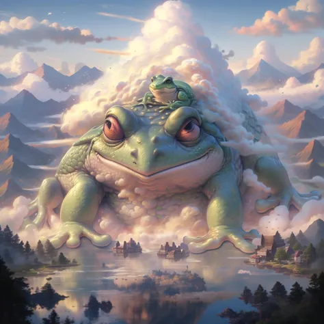 highest quality, detailed mountain village background, 
<lora:Sacred_beast:1>  BJ_Sacred_beast, cloud, sky, no_humans, scenery,
gofly picture of a cute and adorable (realistic frog), webbed hands,