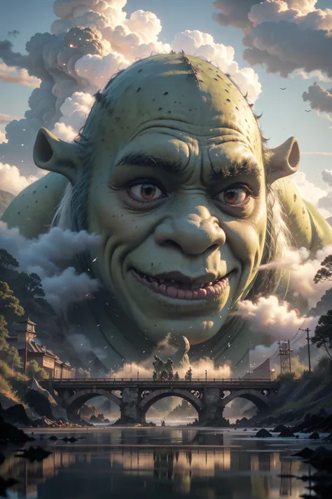 a painting of a troll with a bridge in the background