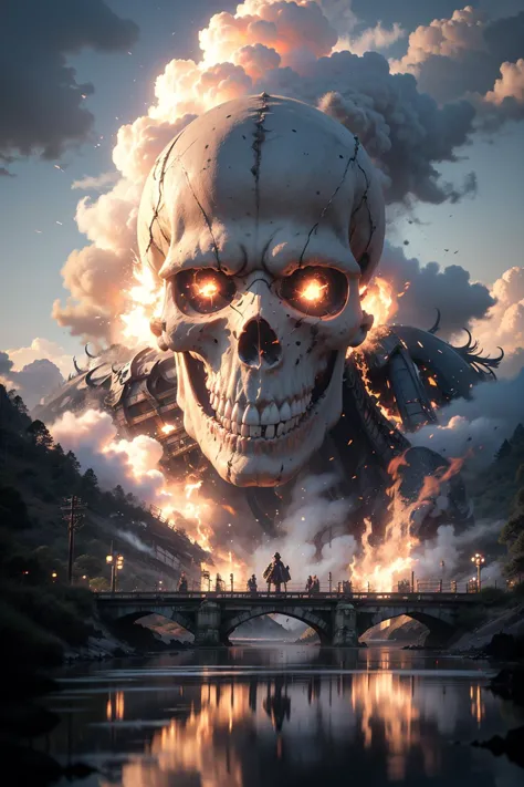 BJ_Sacred_beast, flaming skull, blue fire, outdoors, sky, day, cloud, water, blue_sky, no_humans, cloudy_sky, building, scenery,...
