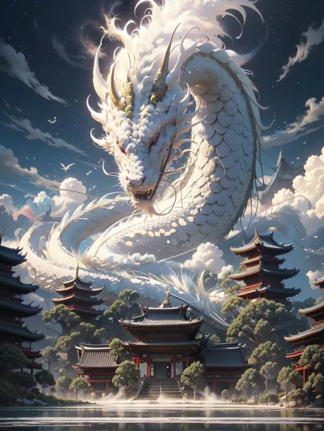 BJ_Sacred_beast,red_eyes,outdoors,horns,sky,cloud,no_humans,bird,cloudy_sky,scenery,stairs,fantasy,dragon,architecture,east_asia...