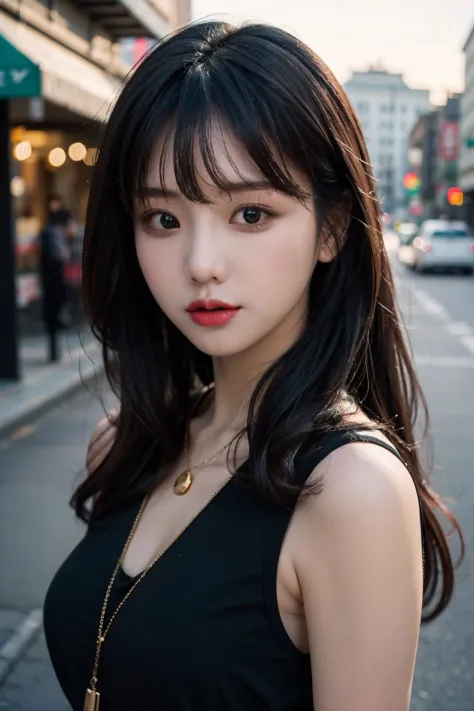 glamour photo of boram_jj, amidst a bustling city, upper body framing, in a street photography setting, golden hour lighting:1.3), shot at eye level, on a Fujifilm X-T4 with a 50mm lens, <lora:boram_jj-15:0.9>