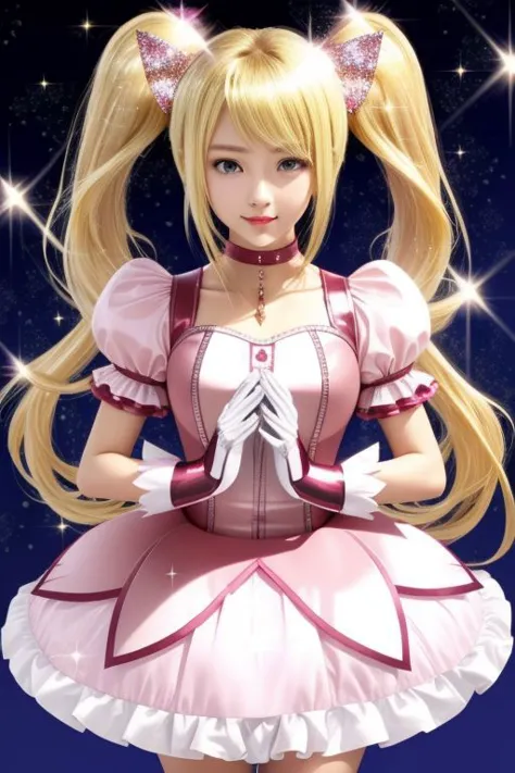 a woman in a pink dress with long blonde hair and a bow