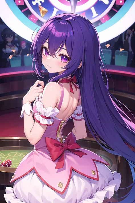 best quality, ultra-detailed, (1girl, solo,<lyco:kaname_madoka_outfit-v1:1>, kanamemadokaoutfit, soul_gem , , hair between eyes, :>,tail on back hair, ), at a casino