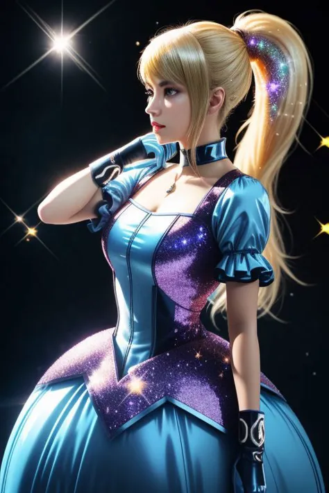 a woman in a blue dress with a ponytail and a star