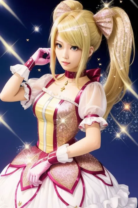 (samus aran) dressed in (puffy pink kanamemadokaoutfit), (blonde girly twintails), magical girl, masterpiece, best quality, (perfect face, beautiful face, symmetric face), (sparkles:1.5)