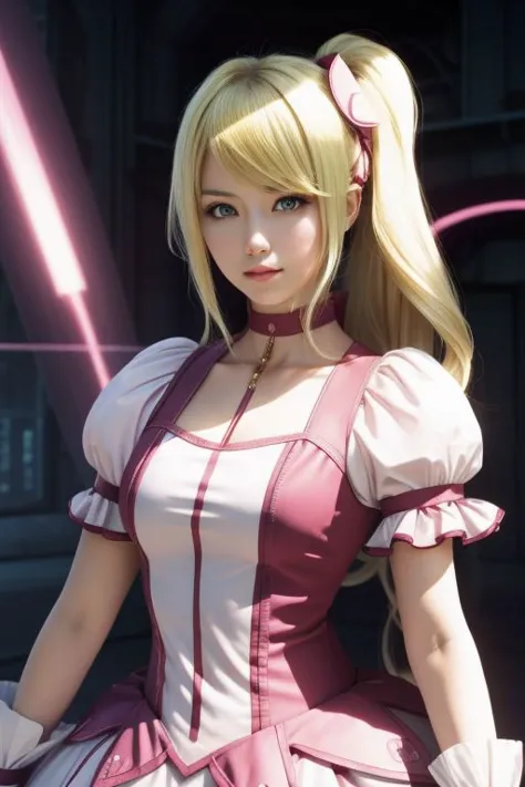 (samus aran) dressed in (puffy pink kanamemadokaoutfit), (long straight blonde hair), magical girl, masterpiece, best quality, (perfect face, beautiful face, symmetric face)