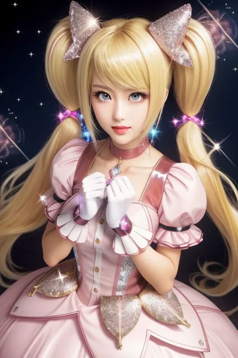 (samus aran) dressed in (puffy pink latex kanamemadokaoutfit), (blonde girly twintails), magical girl, masterpiece, best quality, (perfect face, beautiful face, symmetric face), (sparkles, sparkling hair, sparkling clothes, sparkles around face:1.3)