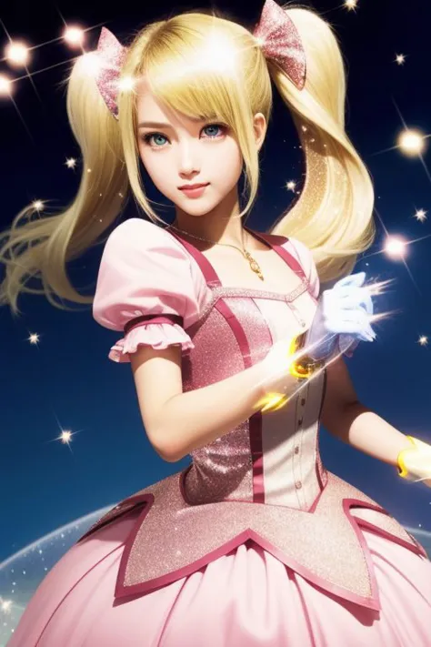 a girl in a pink dress holding a wand and a star