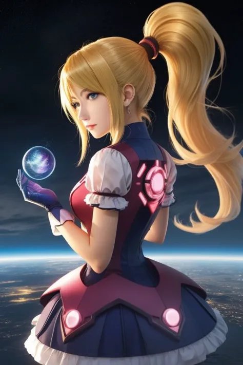 (samus aran) dressed in (kanamemadokaoutfit), (ponytail, hair tie), magical girl, masterpiece, best quality, (perfect face, beautiful face, symmetric face)