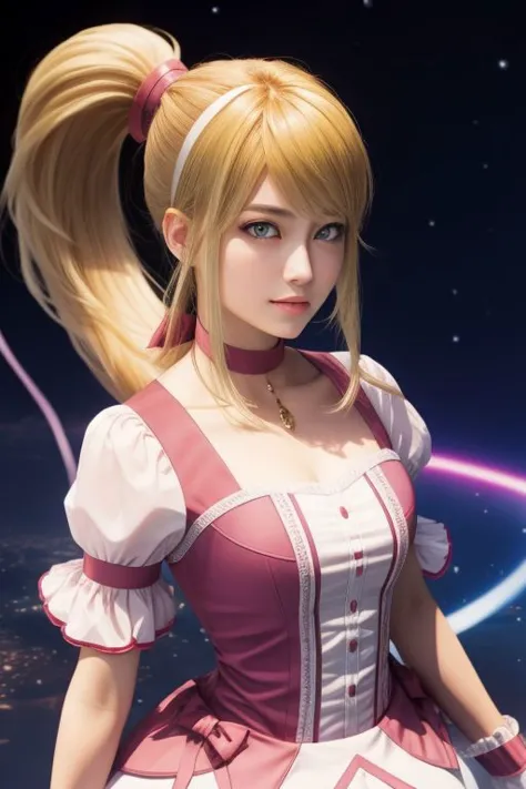 (samus aran) dressed in (puffy pink kanamemadokaoutfit), (ponytail, hair tie), magical girl, masterpiece, best quality, (perfect face, beautiful face, symmetric face)