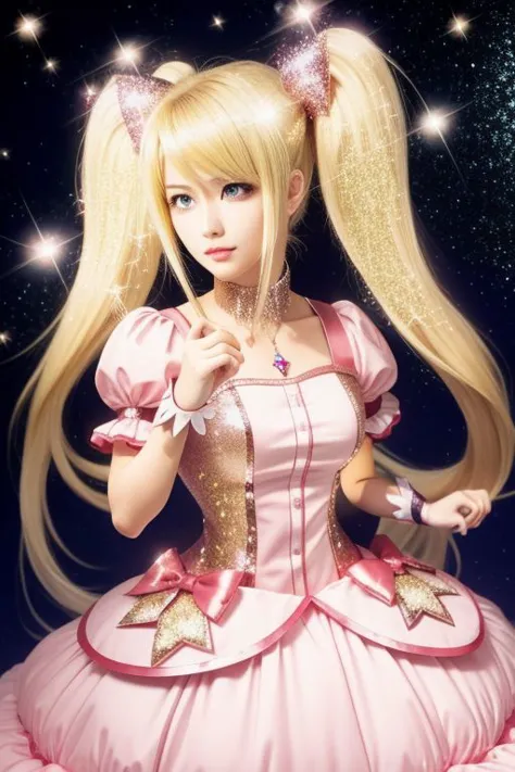 (samus aran) dressed in (puffy pink kanamemadokaoutfit), (blonde girly twintails), magical girl, masterpiece, best quality, (perfect face, beautiful face, symmetric face), (sparkles:1.5)